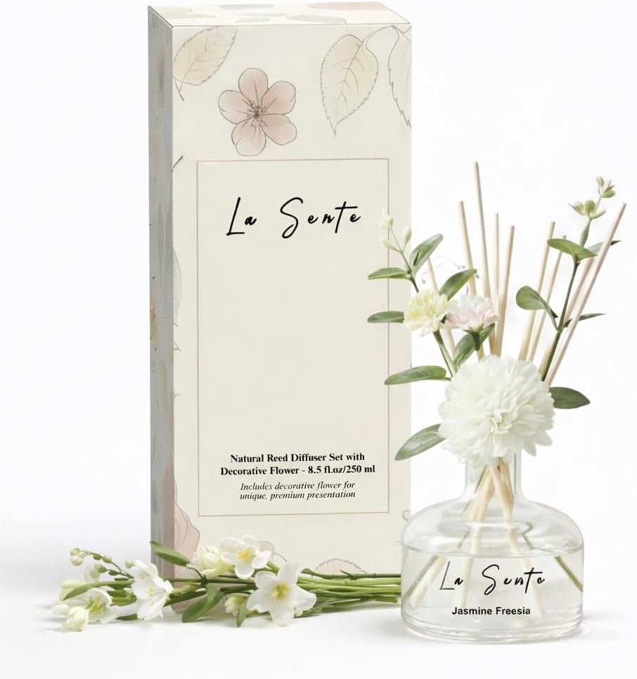 Reed Diffuser Set 8.5 fl oz / 250 ml Glass Bottle with Decorative Flower & Natural Reeds Flameless Home Fragrance for Bathroom Bedroom Office Jasmine Freesia Scent