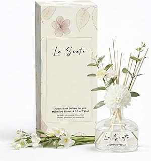 Reed Diffuser Set 8.5 fl oz / 250 ml Glass Bottle with Decorative Flower & Natural Reeds Flameless Home Fragrance for Bathroom Bedroom Office Jasmine Freesia Scent