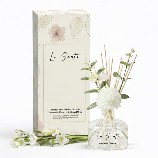 Reed Diffuser Set 8.5 fl oz / 250 ml Glass Bottle with Decorative Flower & Natural Reeds Flameless Home Fragrance for