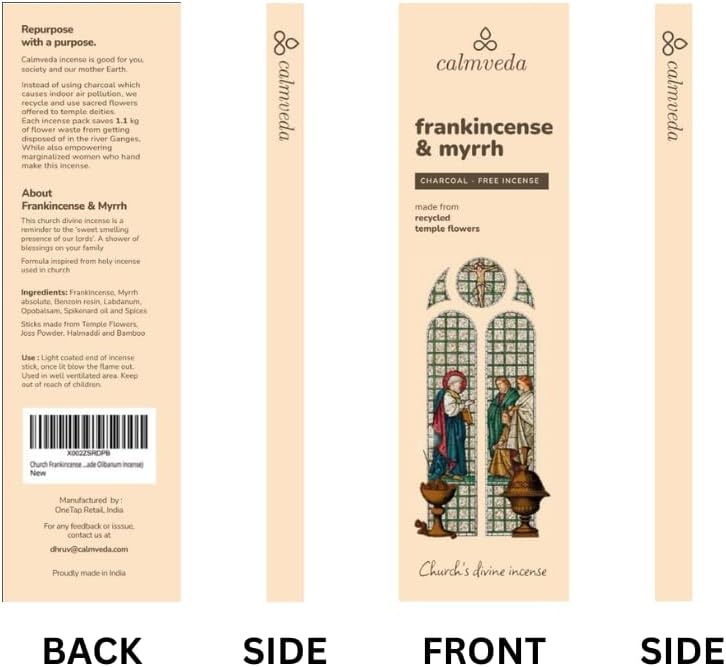 Calmveda Church Frankincense and Myrrh Incense - 80 Sticks, Charcoal Free, Handmade from Upcycled Flowers, Spiritual Healing Incense