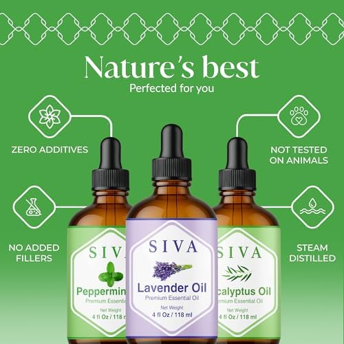 Siva Lavender Essential Oil, Peppermint Essential Oil and Eucalyptus Essential Oil 4oz Bundle Super Saver Combo – Premium Grade Value Set for Aromatherapy, Scalp Massage, Hair Care, Skin & Body