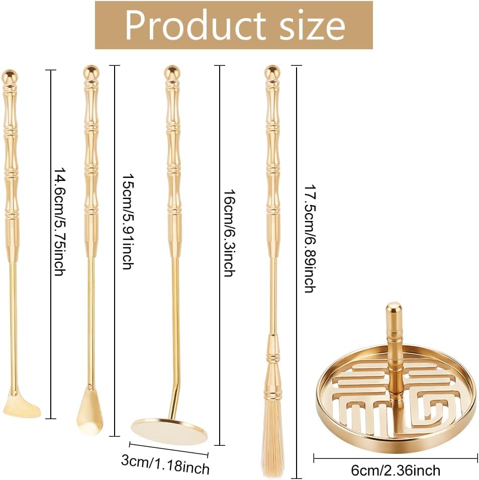 WEBEEDY 5Pcs Incense Making Kit Brass Incense Tool Kit Set- Incense Spoon Incense Press Shovel Brush for Incense Burner Kit Yoga Meditation, Fu Character