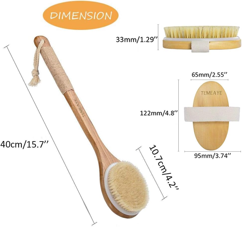 TEMEAYE Dry Brushing Body Brush, Wooden Handle, Natural Bristles, 2Pcs-Set | Medium Strength Body Scrub Brush, Gentle Exfoliator, Cellulite Reduction, Enhances Blood Circulation, Reveals Glowing Skin