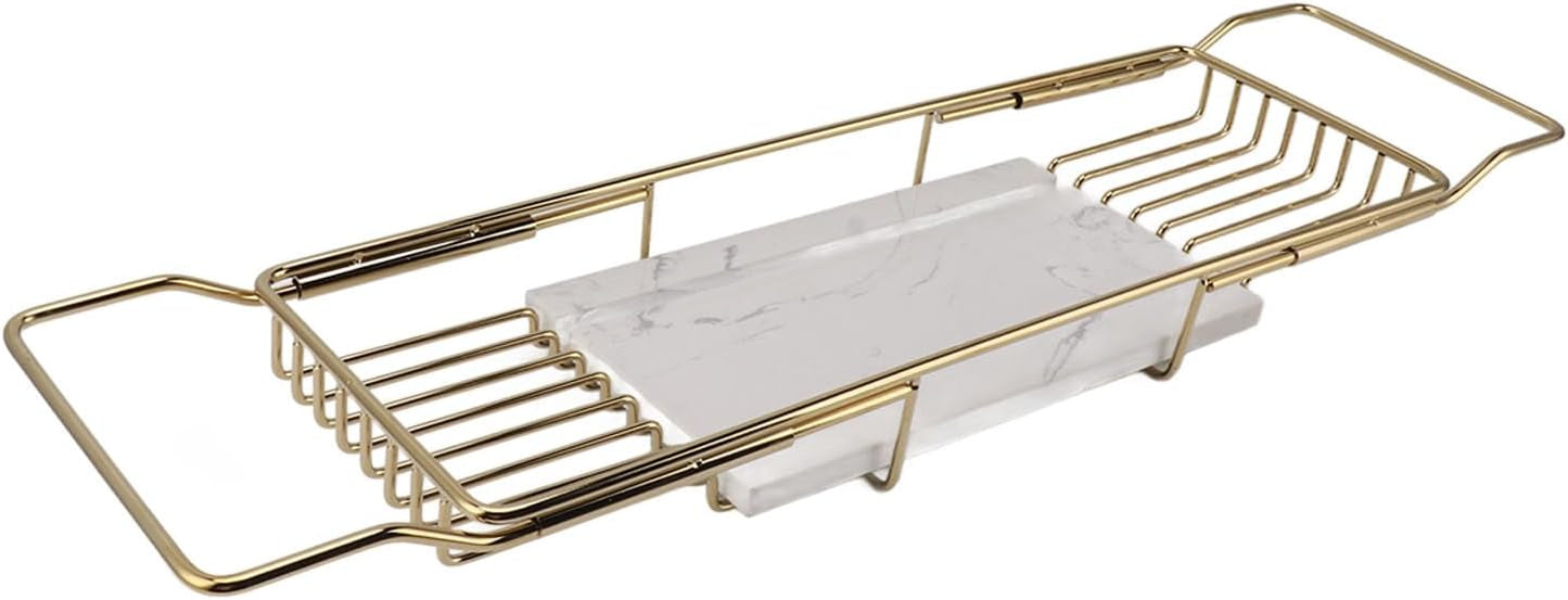 Marhynchus Metal Marble Bathtub Rack, Bathtub Caddy Tray Stainless Steel Shower Caddy Tray with Extending Sides, Bathroom Trays (Gold White)