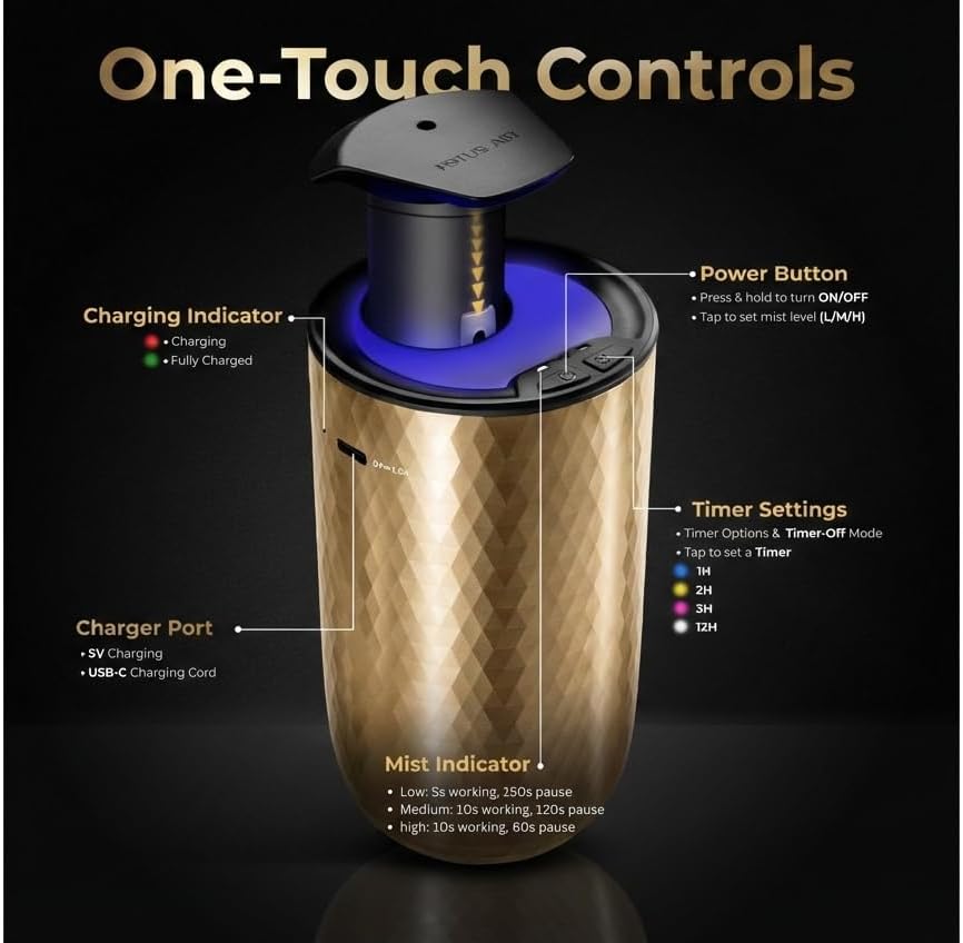 Waterless Essential Oil Diffuser - Cordless Rechargeable Aromatherapy Scent Machine for Home Bedroom Car Office Travel - 3 Mist Levels, 4 Timer Modes, 24-Hour Battery