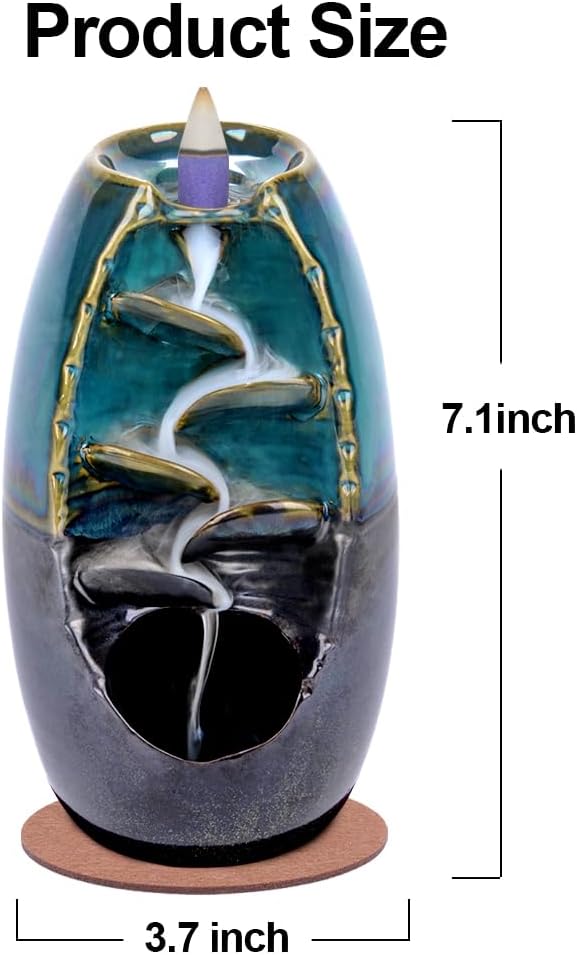 SPACEKEEPER Ceramic Backflow Incense Holder Waterfall Incense Burner, Aromatherapy Ornament Home Decor with 120 Backflow Incense Cones + 30 Incense Stick , Blue Set