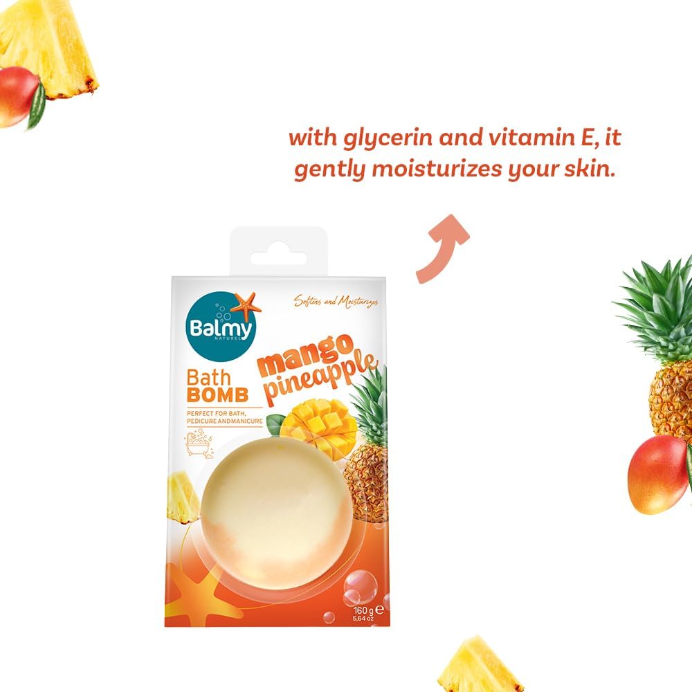 Balmy Mango Pineapple Bath Bomb – Tropical Scented Fizzy with Vitamin E & Glycerin, Moisturizing 5.6 oz