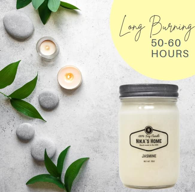 Jasmine Soy Candle 12oz Mason Jar Non-Toxic White Soy Candle-Hand Poured Candle- Handmade, Long Burning 50-60 Hours Highly Scented All Natural, Clean Burning Large Candle Gift Décor