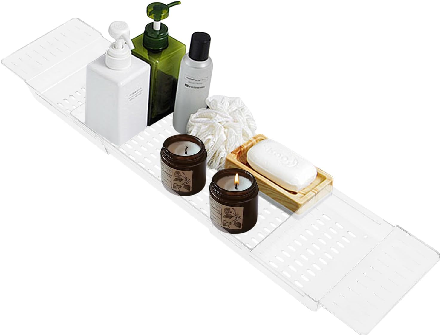 Expandable Clear Bathtub Tray, 24–32 in Slide-Out Flat Bath Shelf, Plastic Waterproof Spa Caddy for Tub & Shower, No-Slip Side Grips, Book Phone Wine Rest, Lightweight Easy-Wipe Storage Board