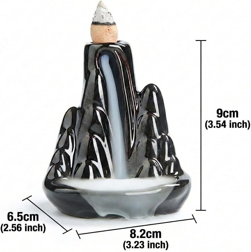 Handmade Ceramic Backflow Incense Holder - Waterfall Incense Burner Ornament, Mountain Design Aromatherapy Fountain for Home Decor, Yoga, Meditation & Office, Unique Zen Gifts (Black)