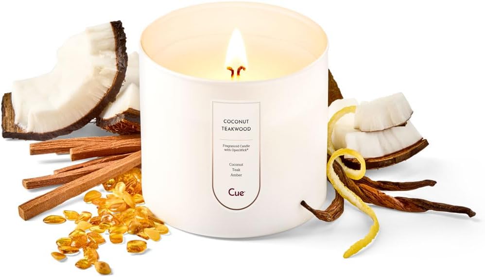 CUE Coconut Teakwood Scented Candle | Spring Summer Candle | Soy Coconut Wax Blend | Made in USA | 70 Hour Burn Time | 14oz White Color