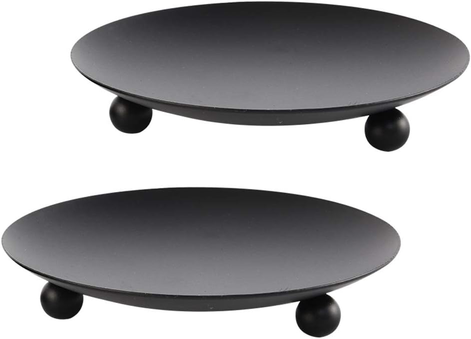 Black Iron Plate Candle Holder, Decorative Iron Pillar Candle Plate, Set of 2, 4.37 inches D x 0.78 inches H, Pedestal Candle Stand for LED & Wax Candles, Incense Cones, Spa, Weddings (2 pcs)