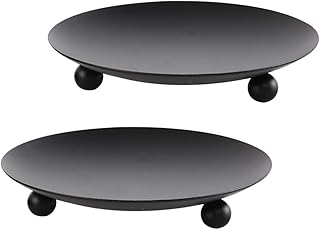 Black Iron Plate Candle Holder, Decorative Iron Pillar Candle Plate, Set of 2, 4.37 inches D x 0.78 inches H, Pedestal Candle Stand for LED & Wax Candles, Incense Cones, Spa, Weddings (2 pcs)