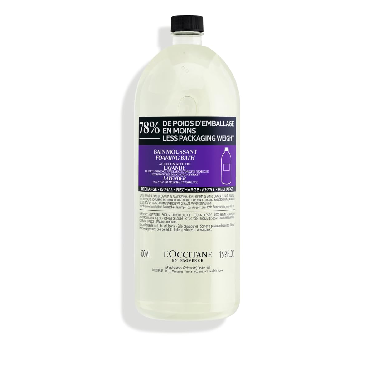 L'Occitane Relaxing & Foaming Lavender Bubble Bath Refill Enriched with Lavender Essential Oil 16.90 fl oz