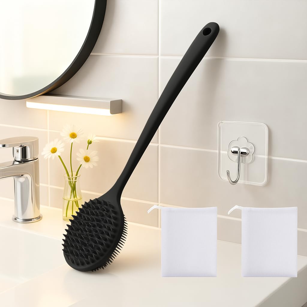 Silicone Body Scrubber for Shower Men Women – Dual-Sided Exfoliating & Massage Shower Brush with Long Handle, Creates Rich Lather, Includes 1 Hook & 2 Lather Balls (Black).