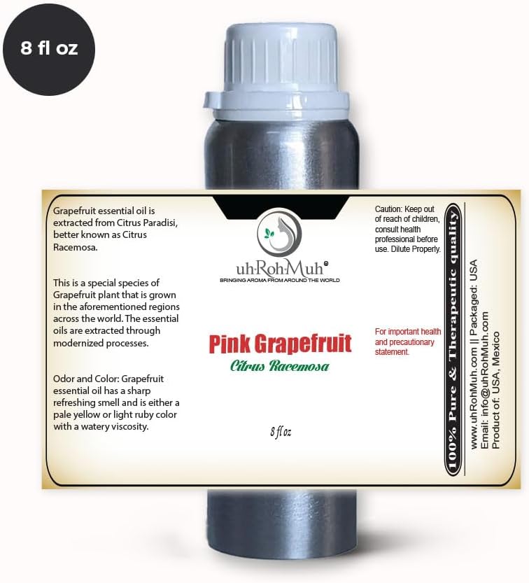 Pink Grapefruit Essential Oil Cold Pressed Citrus Paradisi Peel Oil Fresh Citrus Aroma Top Note Essential Oil for Aromatherapy Diffuser Skincare Haircare and Natural DIY Cosmetic Blends - 8 Fl oz