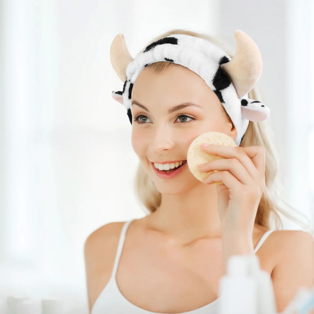 Huachi Cow Hairband for Washing Face, Soft Microfiber Spa Headband for Women & Girls, Cute Animal Print, Facial Cleansing Head Wraps, Perfect for Skincare, Makeup, Pajama Parties, Stocking Stuffers