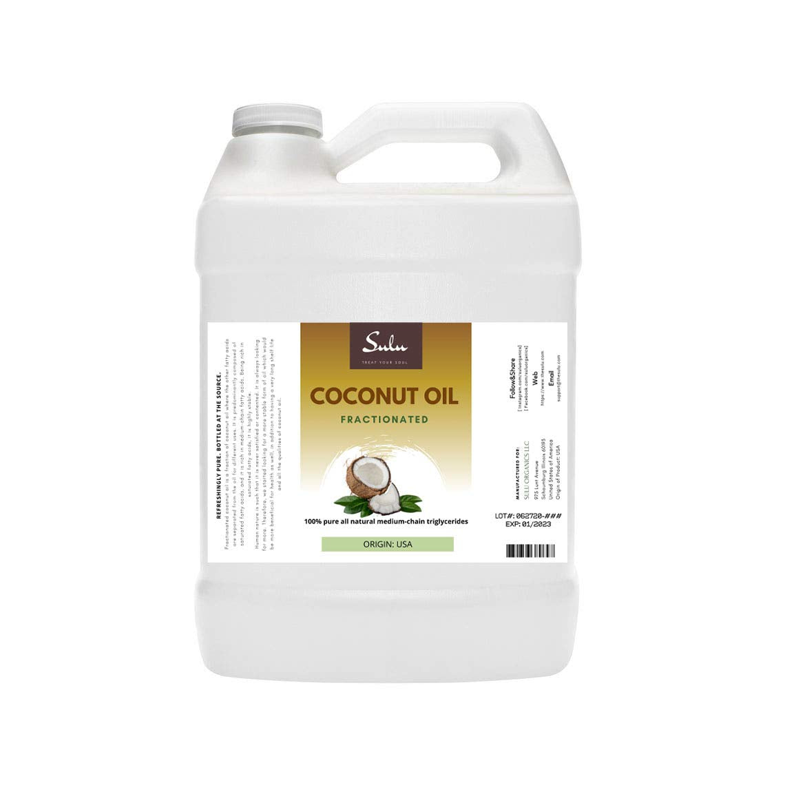 SULU ORGANICS 100% Pure Kosher Fractionated Coconut Oil All Natural 4 Oz