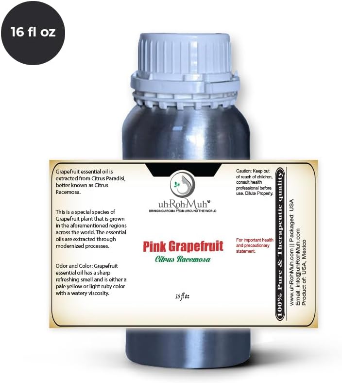 Pink Grapefruit Essential Oil Cold Pressed Citrus Paradisi Peel Oil Fresh Citrus Aroma Top Note Essential Oil for Aromatherapy Diffuser Skincare Haircare and Natural DIY Cosmetic Blends - 16 Fl Oz
