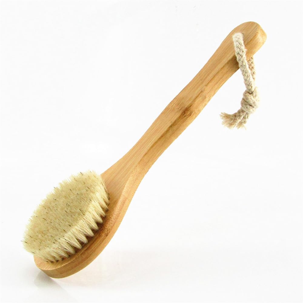 9.84" Short Handle Dry Body Brush Back Scrubber, Bamboo Handle and Natural Boar Bristles Bath & Shower Brush, Good for Blood Circulation, Exfoliating, Cellulite and Detox, etc.