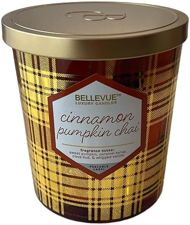 Bellevue Luxury Candles, 12 OZ Fragranced Candle, Soy Blend Wax, Essential Oils, Long-Lasting Burn, Home Fragrances, Aromatherapy Home Scented Candles Scent Cinnamon Pumpkin CHAI