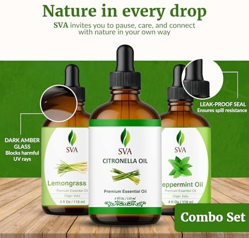 SVA Citronella, Lemongrass, and Peppermint Essential Oil 4 oz Bundle Super Saver Combo – Premium Grade Value Set for Hair Oiling, Scalp Massage, Hair Care, Skin Care and Body Massage