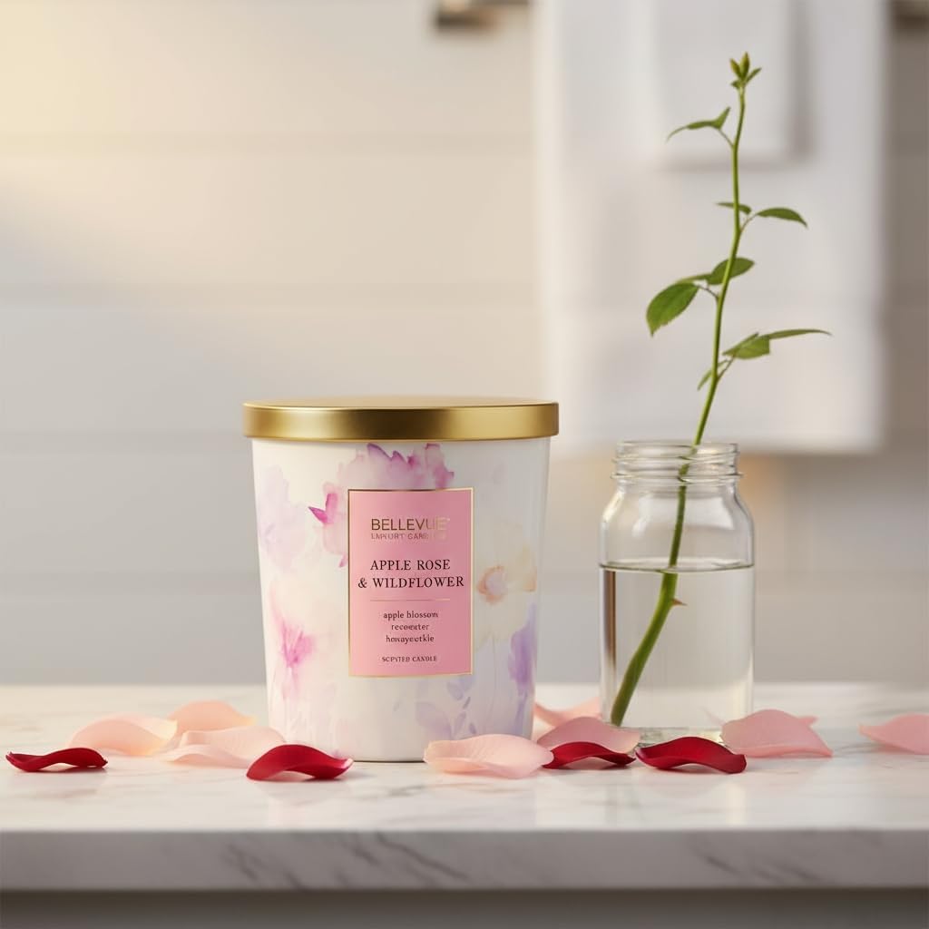 Luxury Fragranced Candle, 12 OZ, Soy Blend Wax, Essential Oils, Long-Lasting Burn, Home Fragrances, Aromatherapy Home Scented Candles Scent: AppleRose & Wildflower