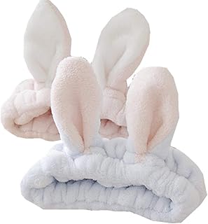 bouti1583 Women Fashion Soft Flannel Bunny Ear Makeup Cosmetic Shower Elastic Headband 2Pcs