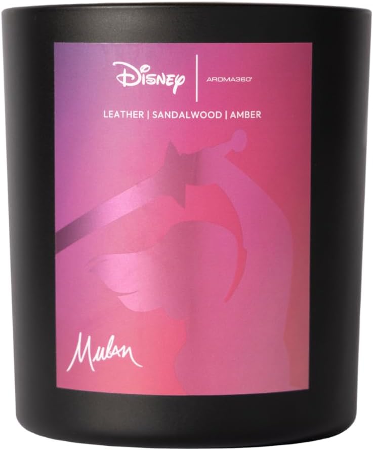 Aroma360 - Disney My Way Signature Candle – 14oz Luxury Scented Candle with Disney Character Design – Long Lasting 90-Hour Burn – Oudwood, Leather, and Sandalwood (14oz, Princess Mulan)
