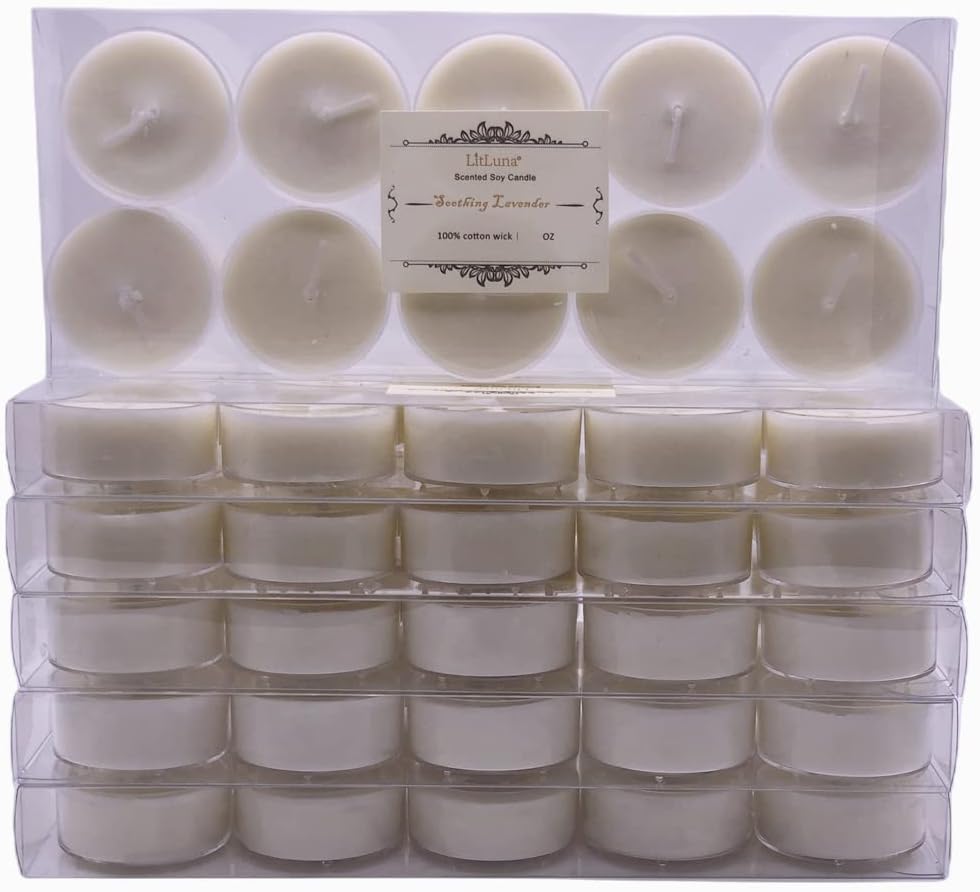 LITLUNA Soy Tealight Candles Scented w/Clear Cup- Pack 60,Assorted 6 Luxury Aromatheraphy Collect-Lavender/Rose/Jasmine Tea/Vanilla/Basil Orange/Apple, Pleasing Smell for Home,Camping,Trip
