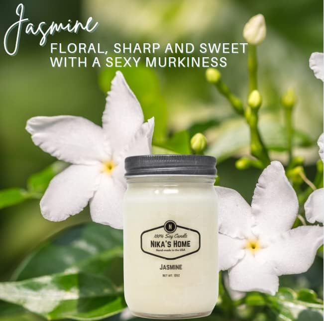 Jasmine Soy Candle 12oz Mason Jar Non-Toxic White Soy Candle-Hand Poured Candle- Handmade, Long Burning 50-60 Hours Highly Scented All Natural, Clean Burning Large Candle Gift Décor