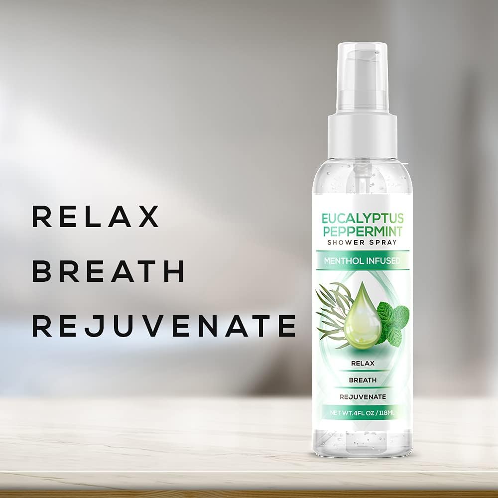 Eucalyptus Peppermint Shower Spray, All Natural Essential Oil for Spa, Steam Room, Linens and Baths, Cool and Refreshing