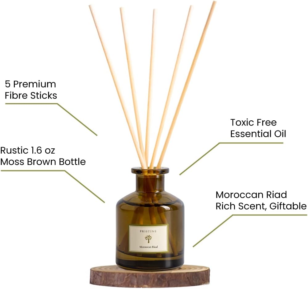 PRISTINE Moroccan Riad/Inspired by Venetian Reed Diffuser for Home | Refreshing Blend of Bergamot, Orange, Earthy Oud Reed Diffuser Set, Oil & Reed Diffuser Sticks | Home & Office Decor