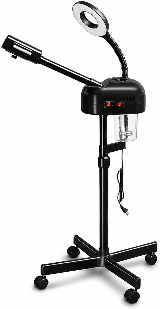 2-in-1 Professional Facial Steamer with 3X Magnifying Lamp, Ozone Face Steamer with Adjustable Height, Rolling Stand, 750W, Black