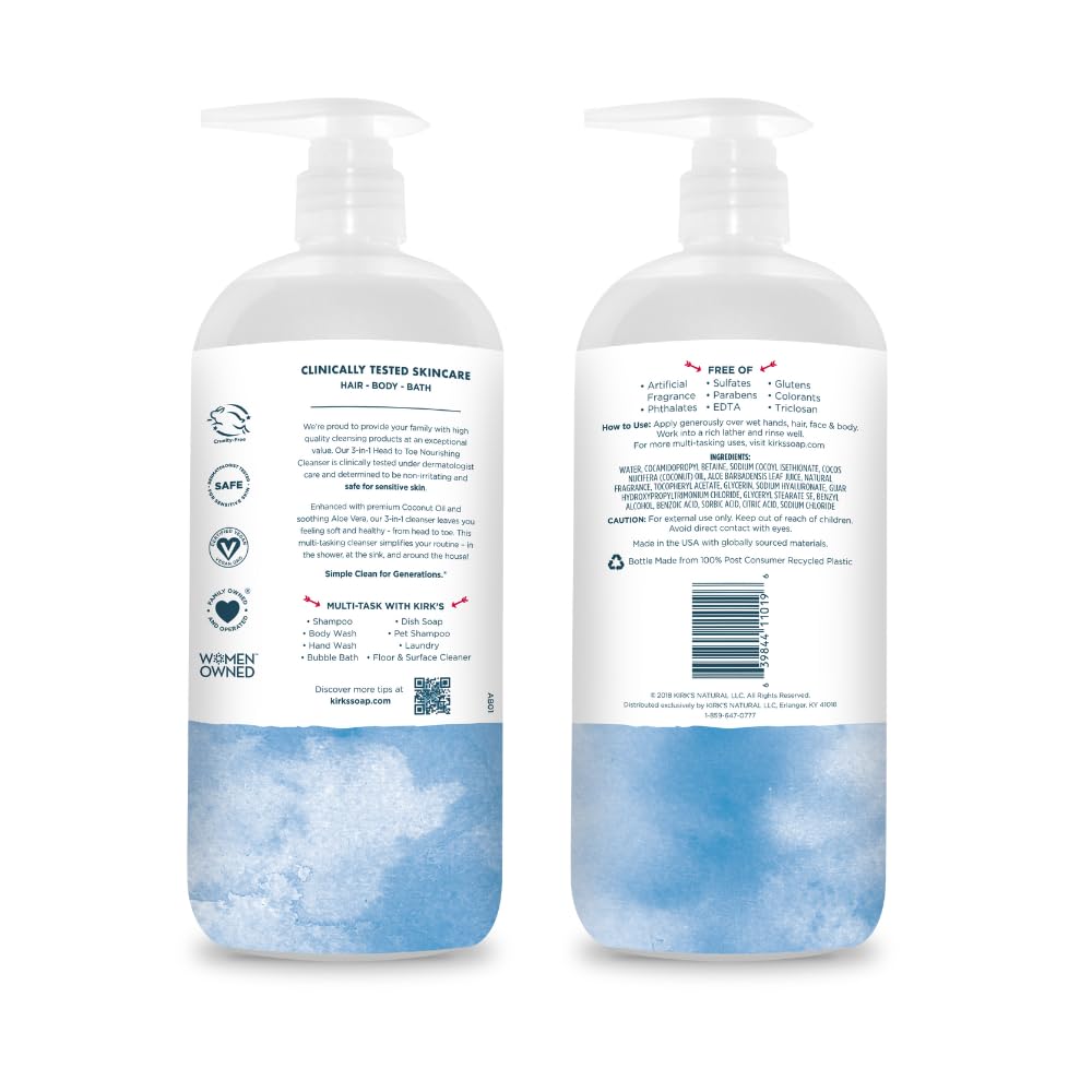 Kirk's Original Fresh 3-in-1 Nourishing Cleanser, Shampoo Body Wash Bubble Bath, Coconut Oil and Aloe Vera, Vegan Non-GMO, 32 Fl Oz, Pack of 2