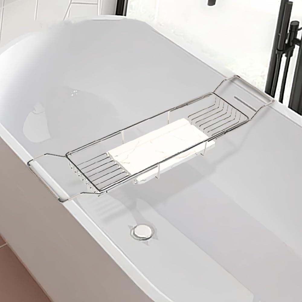 Modern Stainless Steel Bathtub Tray, Creative Expandable Bathtub Caddy, Tub Tray with Artificial Marble Board, Practical Bathtub Accessories for Bathroom(Silver)