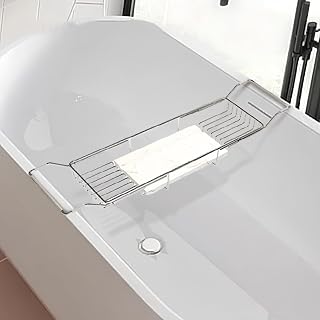 Modern Stainless Steel Bathtub Tray, Creative Expandable Bathtub Caddy, Tub Tray with Artificial Marble Board, Practical Bathtub Accessories for Bathroom(Silver)
