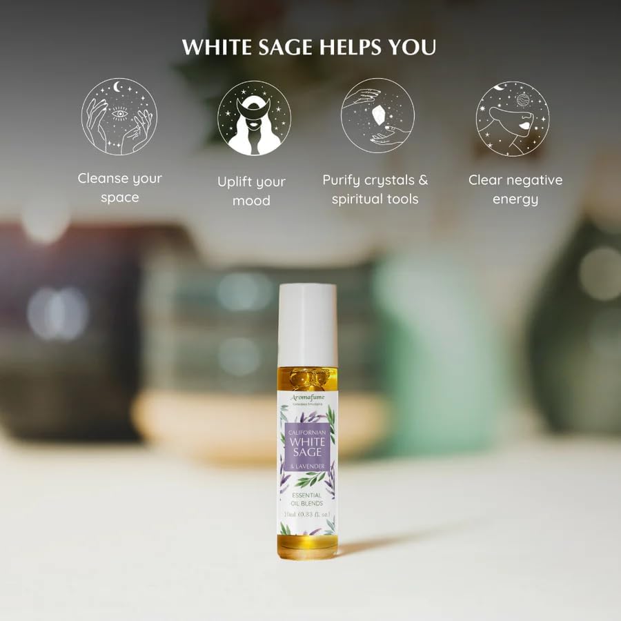 White Sage & Lavender Essential Oil Roll-On Blend by Aromafume | 10ml/0.33 fl oz | Aromatherapy Oil for Cleansing Negative Energy & Protection | Ethically sourced | Sage Oil for Smokeless Smudging