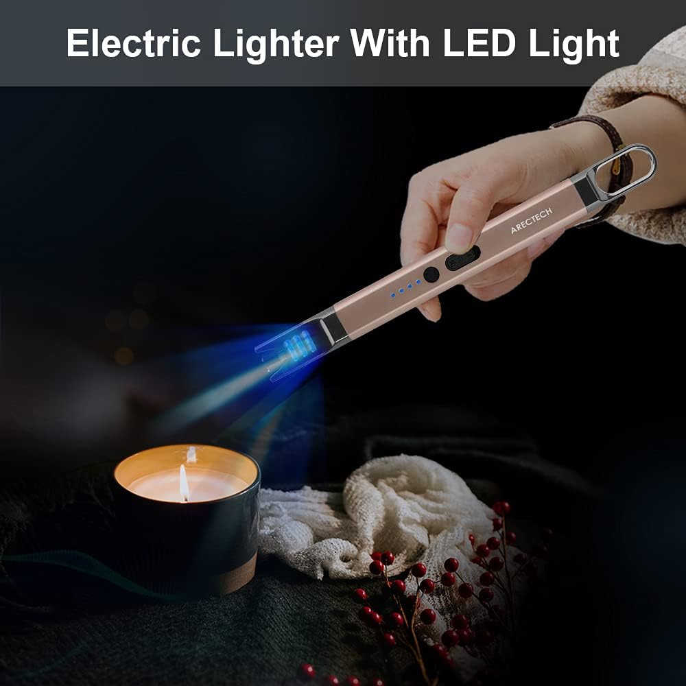 ARECTECH Electric Candle Lighter Rechargeable USB Long Lighter for Candle Cooking Camping BBQs Fireworks Champagne Gold