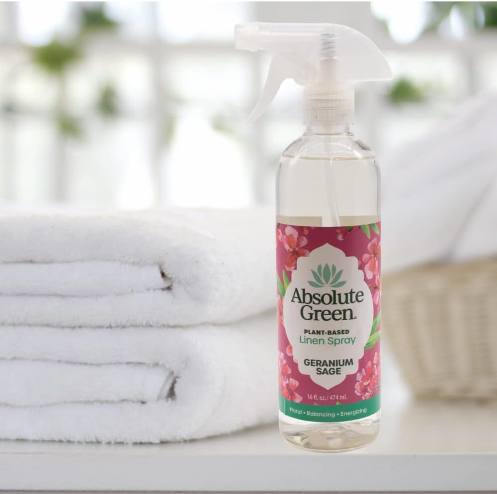 Absolute Green Linen and Fabric Spray, Fabric Freshener, Sheets, Towels, Sofa, Pet Safe, Geranium Sage Scent, 16 oz