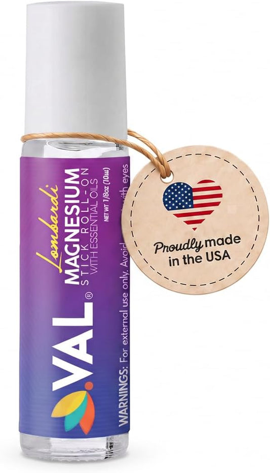 VAL Lombardi Magnesium Stick Rollon with Peppermint & Other Essential Oils - Cooling Comfort for Your Head. Metal Roller.