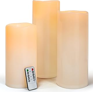10" 12" 14" x 5" Extra Large Waterproof Outdoor Flameless Candles Battery Operated LED Pillar Candles for Indoor Outdoor Lanterns, Off White, Long Lasting, Set of 3