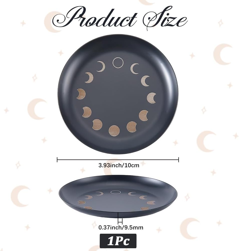 CREATCABIN Moon Phase Altar Ritual Plate Dish Stainless Steel Flat Bowl Black Jewelry Tray Round Tarot Offering Bowl Dish Candle Trinket Holder for Incense Burner Dowsing Divination 4 Inch