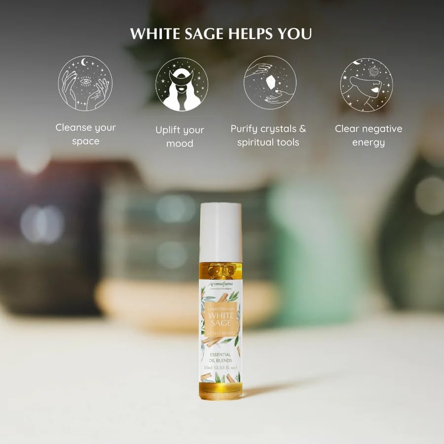White Sage & Palo Santo Essential Oil Roll-On Blend by Aromafume | 10ml/0.33 fl oz | Aromatherapy Oil for Cleansing Negative Energy & Protection | Ethically sourced | Sage Oil for Smokeless Smudging