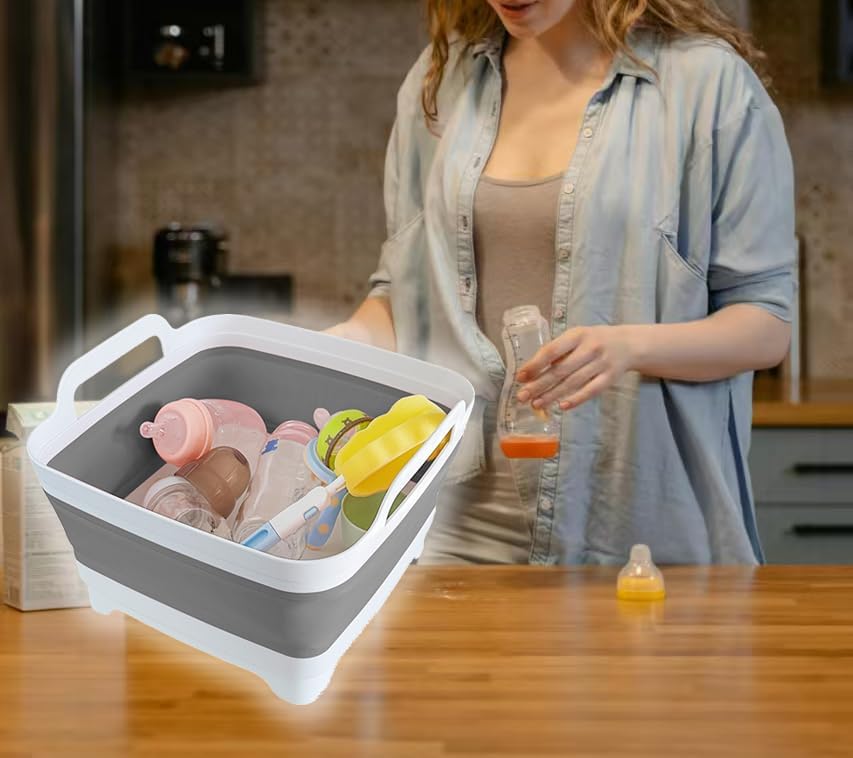 GIMWA Collapsible Wash Basin with Drain Plug - 2.4 Gallon Foldable Kitchen Sink for Baby Bottles, RV Camping, Space-Saving Dish Tub (Gray)