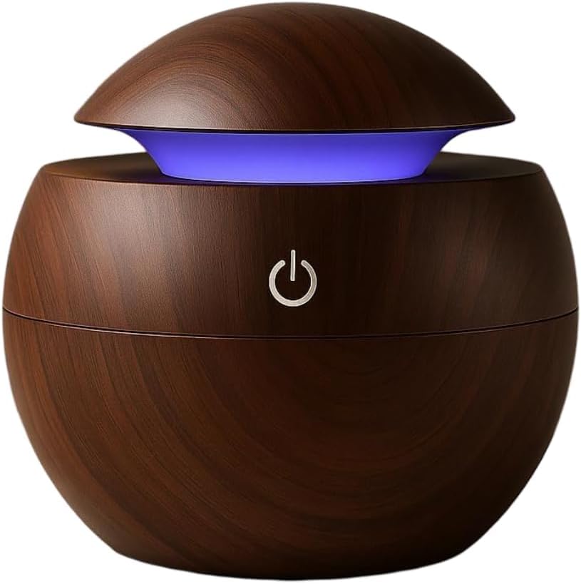 Aroma Essential Oil Diffuser Humidifier, Wood Grain Design, USB Powered, LED Light Ring, 300ml Capacity, 3.9 x 5.2 in