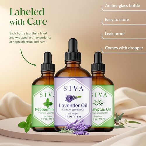 Siva Lavender Essential Oil, Peppermint Essential Oil and Eucalyptus Essential Oil 4oz Bundle Super Saver Combo – Premium Grade Value Set for Aromatherapy, Scalp Massage, Hair Care, Skin & Body