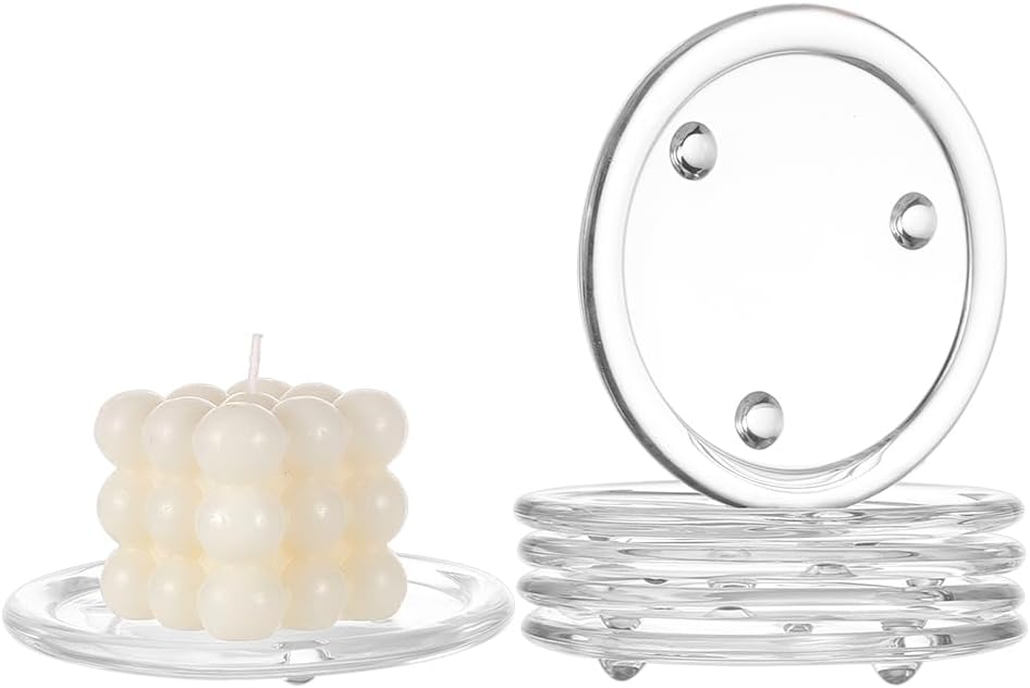 BENECREAT 6Pcs Clear Glass Candle Plates, 5.1 inch Flat Round Glass Candle Holders Tray Plates Holder for Candle Decoration, Dinning Wedding Party Table Centerpiece
