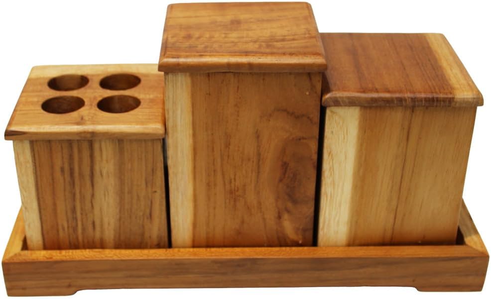 EcoDecors 29 inch Bath Caddy Tray for Bathtub with Eleganto 3 Piece Teak Wood Bath Amenities Set Bundle