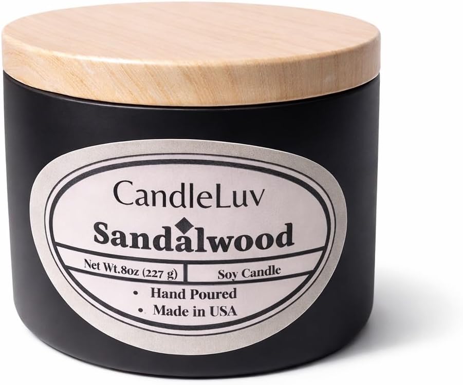 Sandalwood Scented Soy Candle – 8 oz Matte Black Tin – Hand Poured in USA – Long Lasting Natural Soy Wax Candle for Home, Relaxation & Gifts